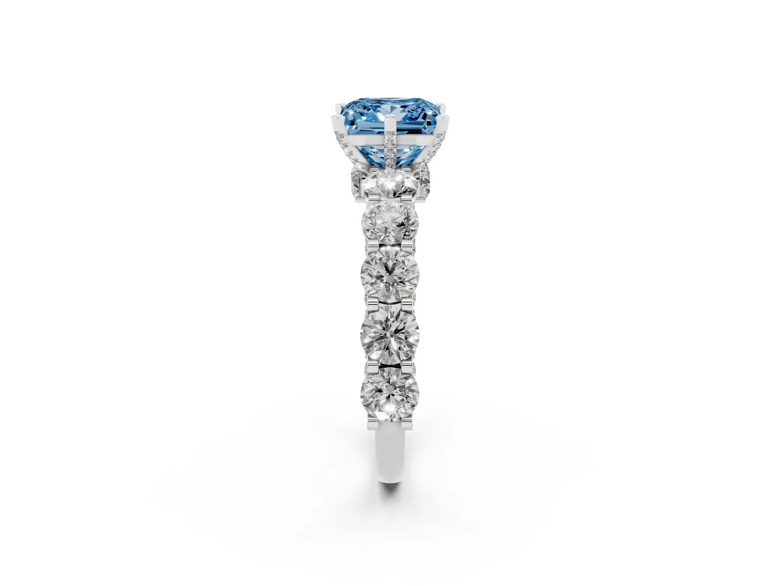 Fancy Blue Princess Cut Diamond Side Stone Engagement Ring with Four-Prong Setting Platinum