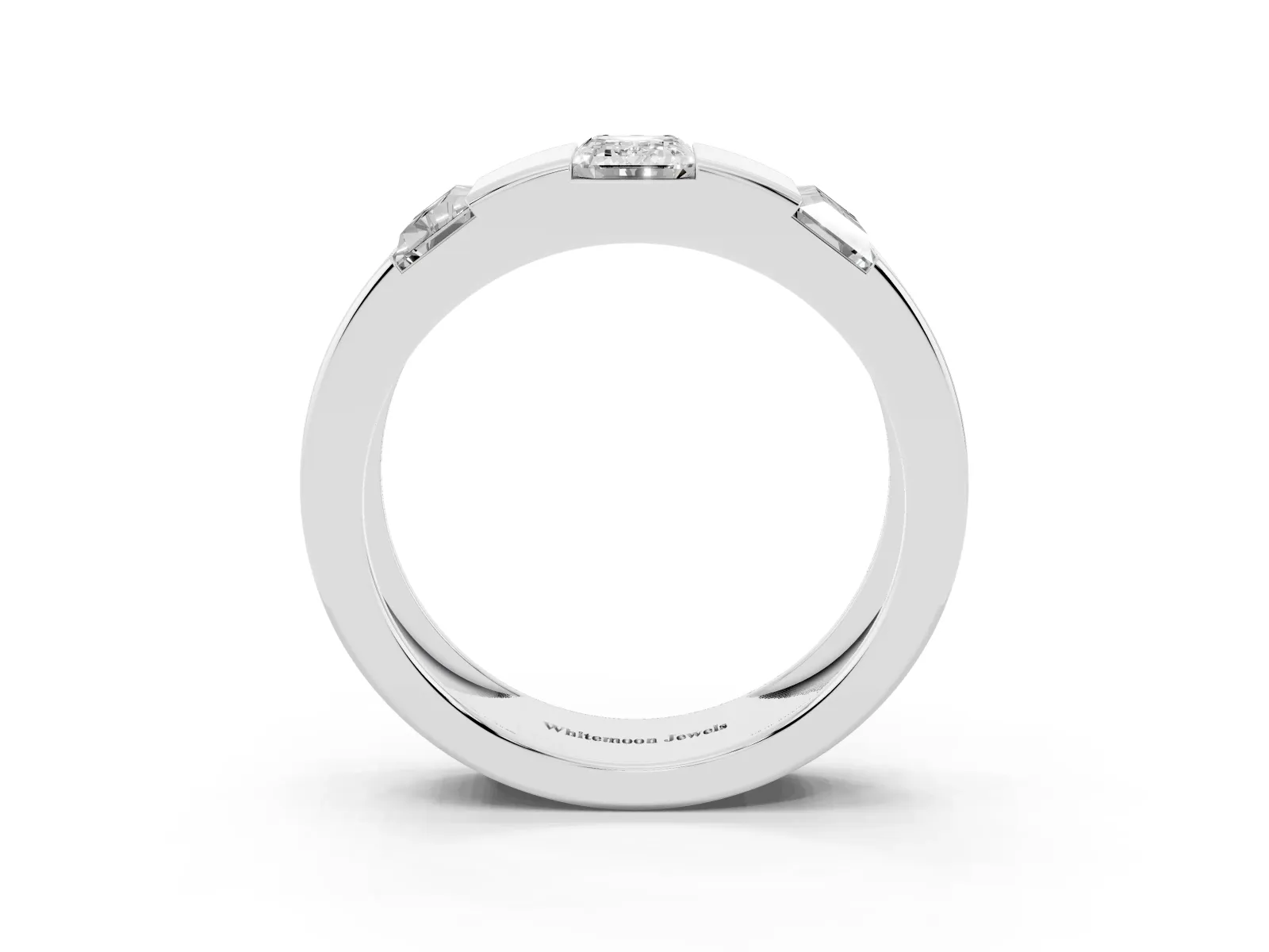 Emerald Cut Diamond Three-Stone Mens Ring with Baguette Side Stones White gold