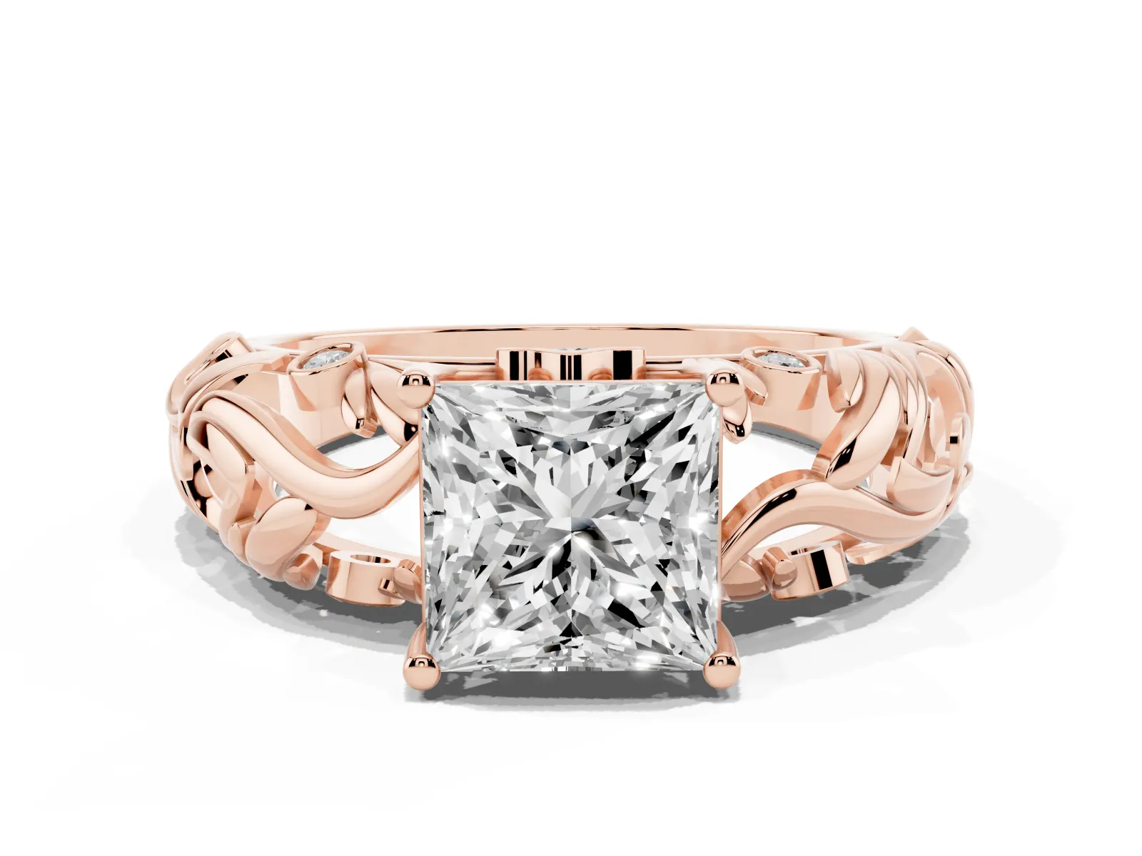 Princess Cut Solitaire Diamond Leaf-Inspired Vine Band Ring with Prong Setting Rose gold