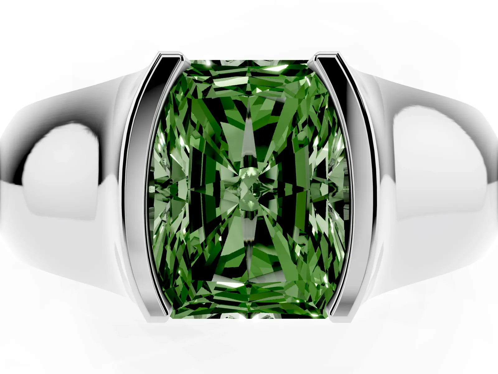 Fancy Green Radiant Cut Solitaire Bezel Set Diamond Ring with Wide Band White gold