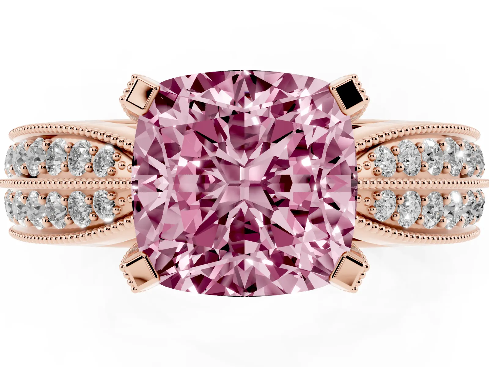 Fancy Pink Cushion Cut Diamond Solitaire Ring with Milgrain Round Pavé Band and Prong Setting Rose gold