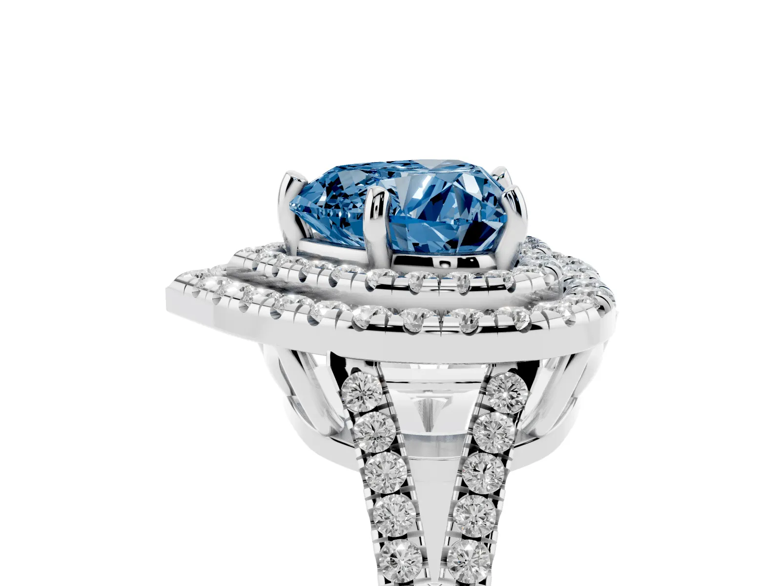 Fancy Blue Heart Cut Diamond Double Halo Ring with Pavé Band and Prong Setting Platinum