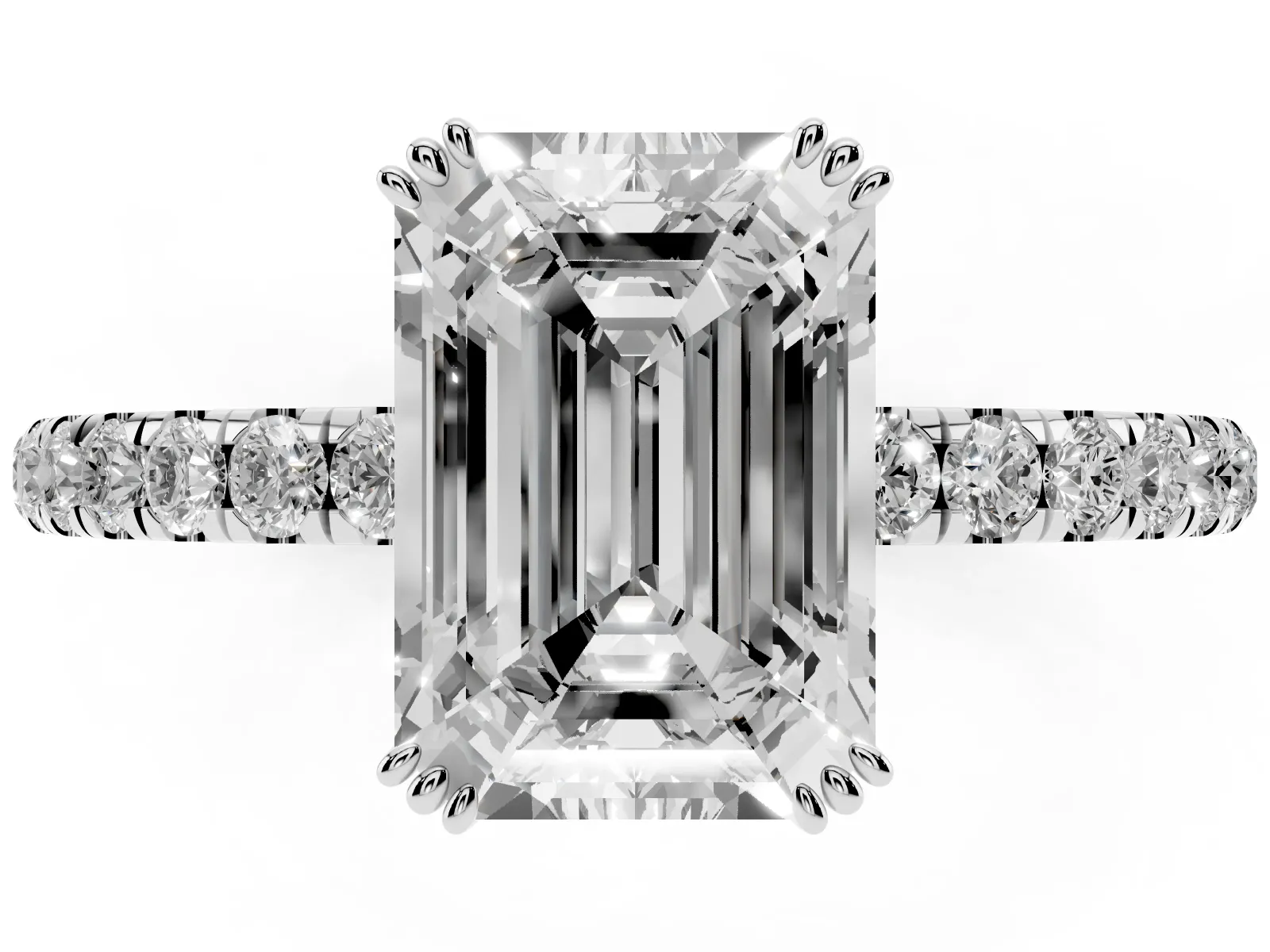 Emerald Cut Brilliant Solitaire with Pavé Band and Claw Prong Setting Silver