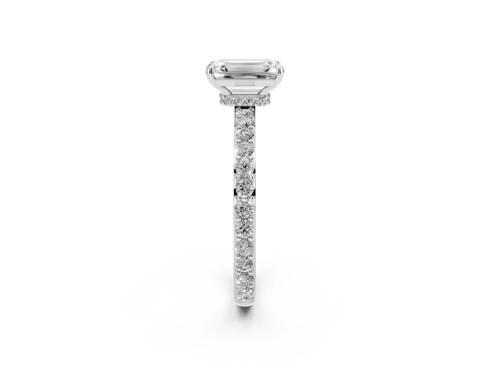 Emerald Cut Diamond Solitaire Engagement Ring with Pavé Band and Four-Prong Setting White gold