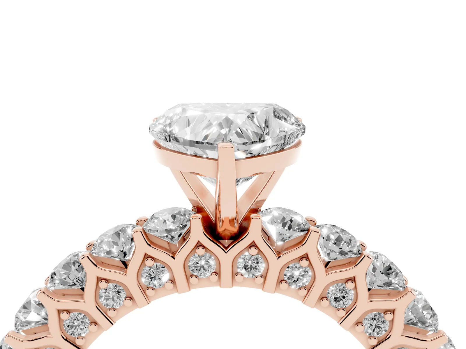 Heart Cut Diamond Solitaire Ring with Shared Prong Pavé Band and Four-Prong Setting Rose gold