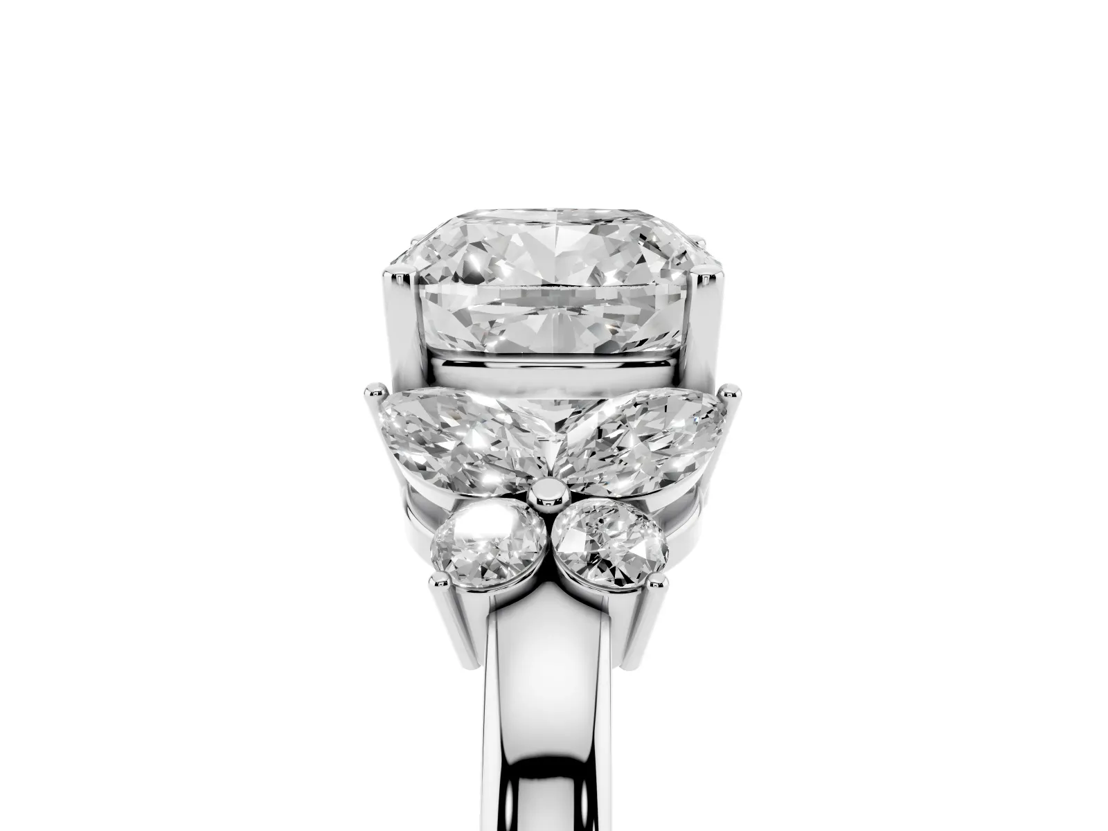 Cushion Cut Cut Solitaire Floral Diamond Ring with Four-Prong Setting Platinum
