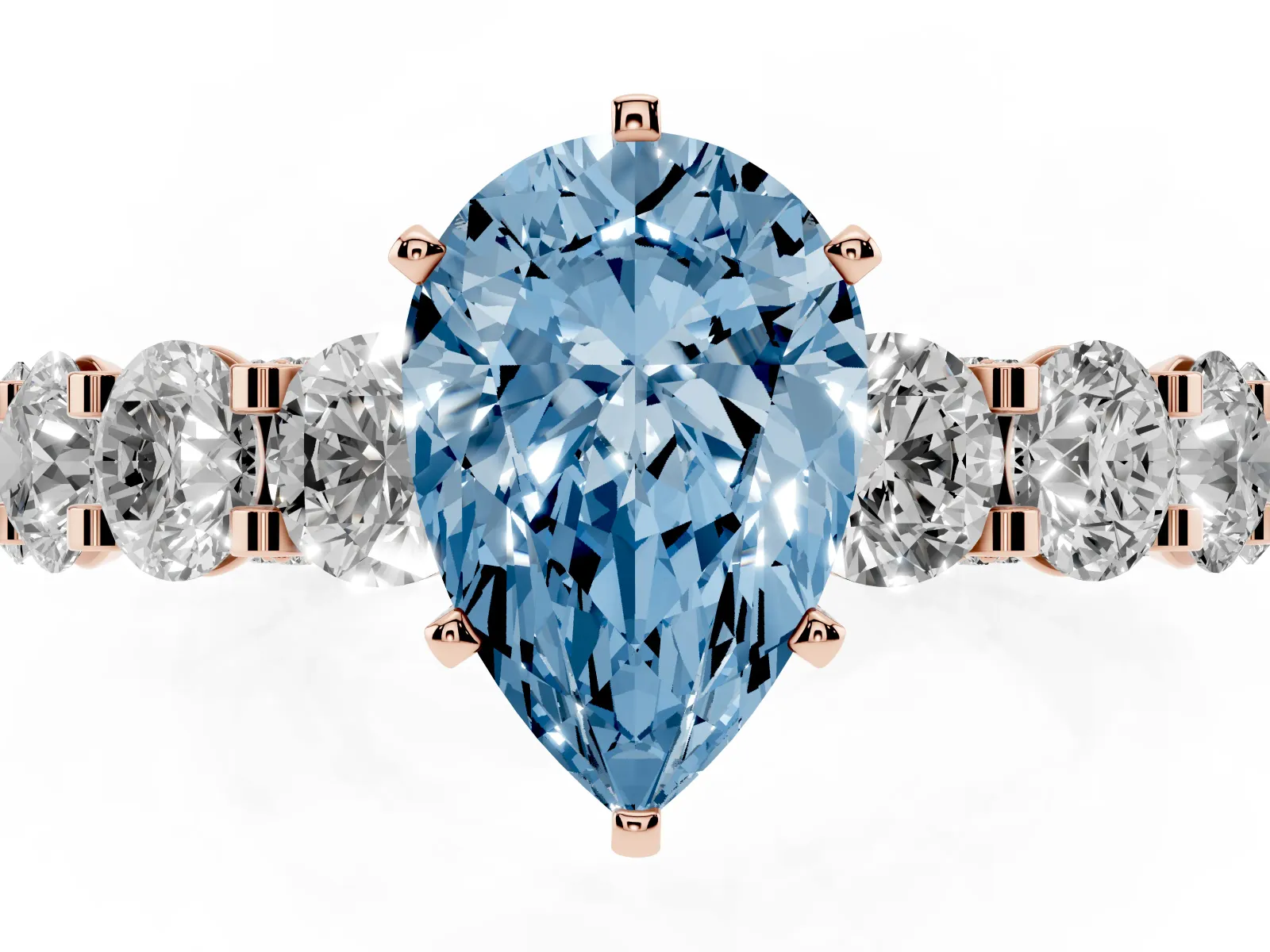 Fancy Blue Pear Cut Diamond Side Stone Engagement Ring with Four-Prong Setting Rose gold