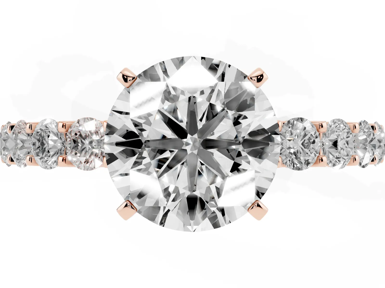 Round Cut Diamond Solitaire Ring with Shared Prong Pavé Band and Four-Prong Setting Rose gold