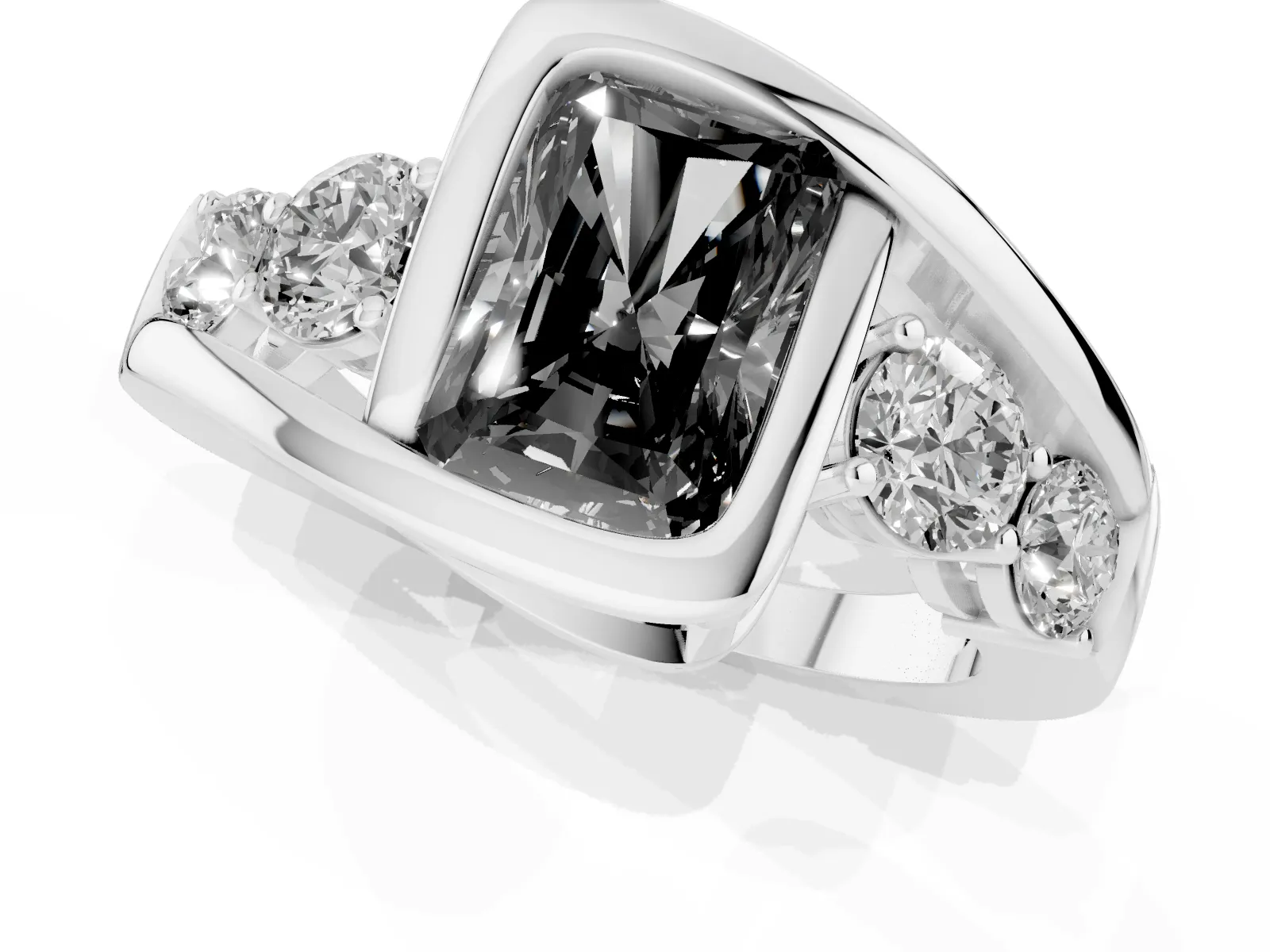Fancy Black Bezel Set Radiant Cut Diamond Bypass Ring with Round Accents White gold