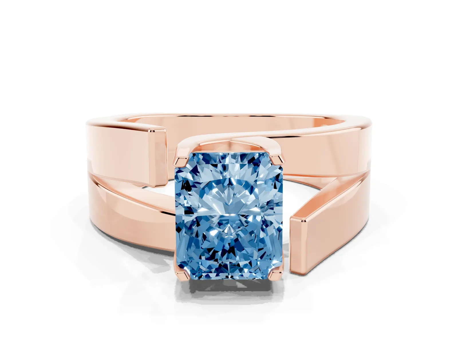 Fancy Blue Modern Tension Set Radiant Cut Diamond Solitaire Wide Band Ring Rose gold