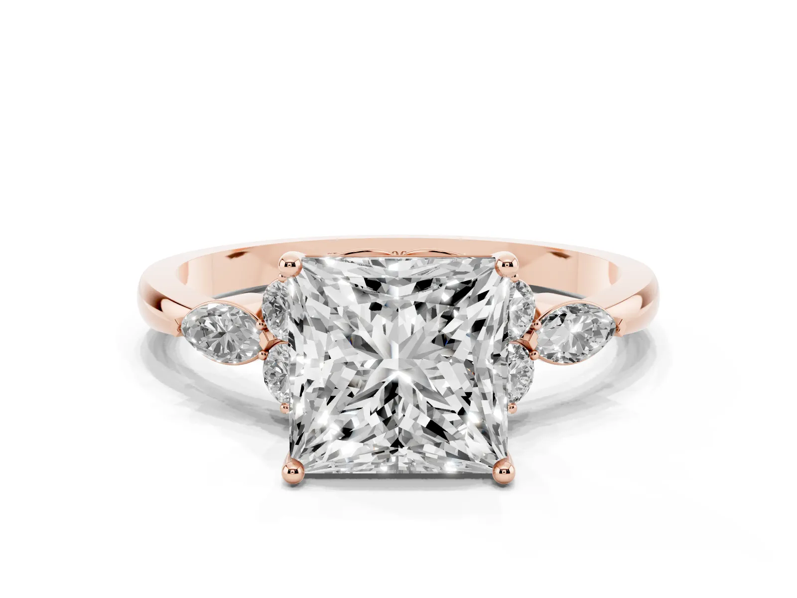 Princess Cut Brilliant Diamond Solitaire Ring with Pear Side Stones and Four-Prong Setting Rose gold