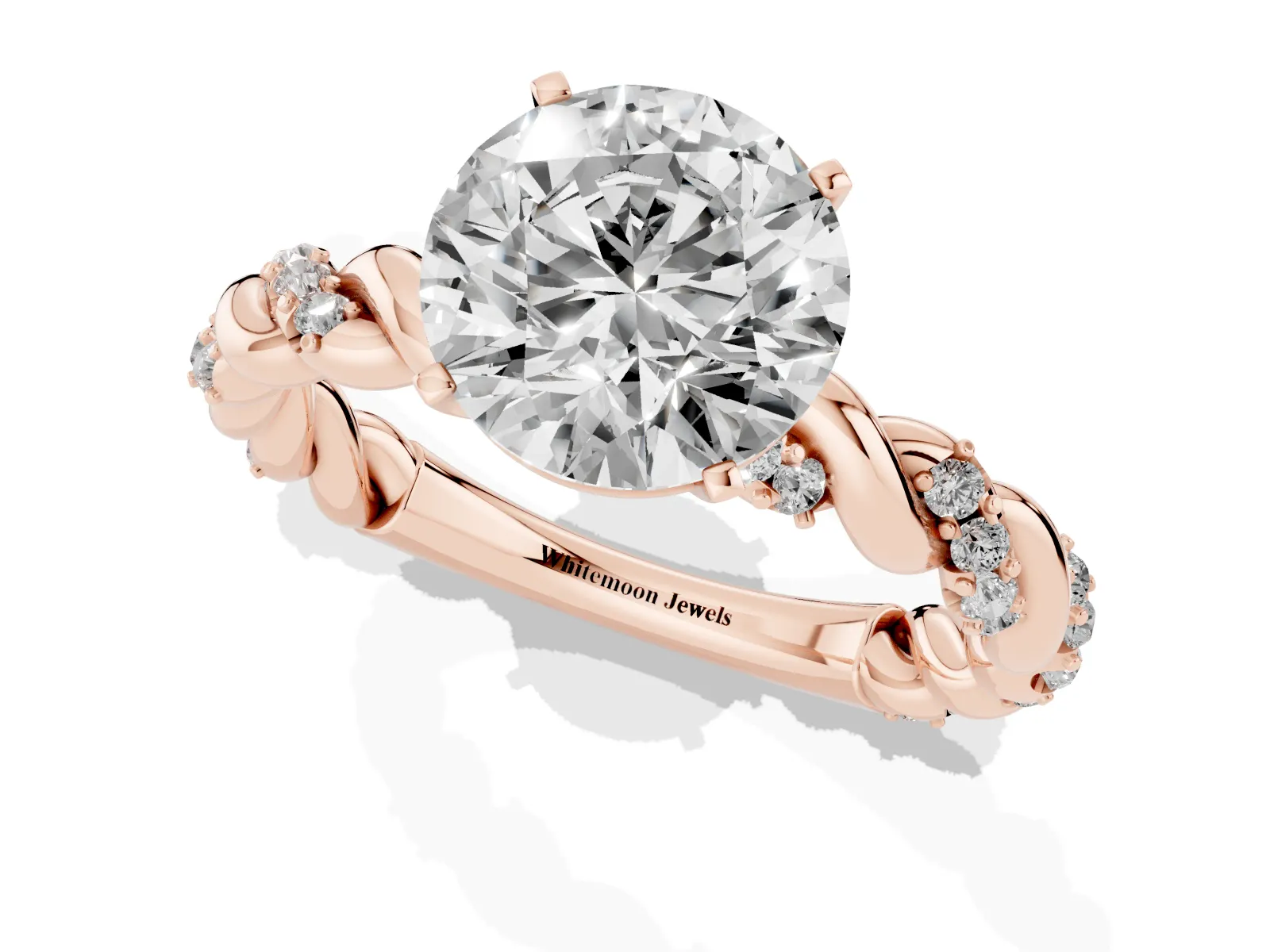 Round Cut Diamond Solitaire Ring with Twisted Band and Pavé Accents Rose gold
