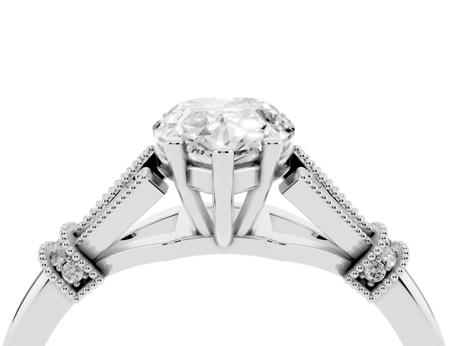 Pear Cut Diamond Solitaire Ring with Floral Filigree and Pave Accents Platinum