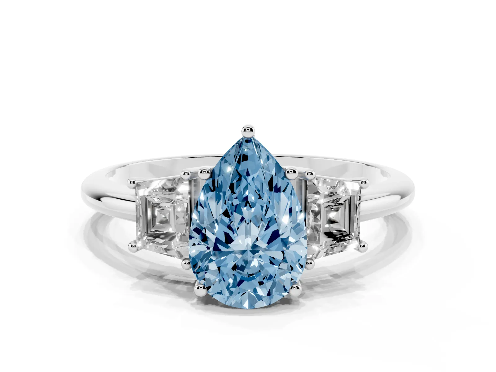 Fancy Blue Pear Cut Diamond Three-Stone Ring with Trapezoid Side Stones and Prong Setting Platinum