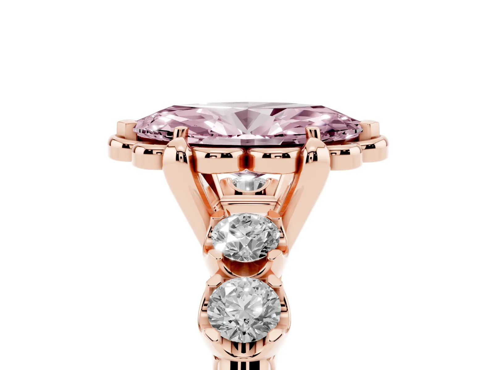 Fancy Pink Marquise Cut Cut Diamond Floral Halo Engagement Ring with Shared Prong Setting Rose gold