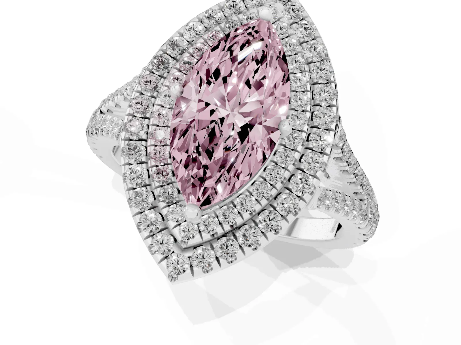 Fancy Pink Marquise Cut Diamond Double Halo Ring with Pavé Band and Prong Setting Platinum