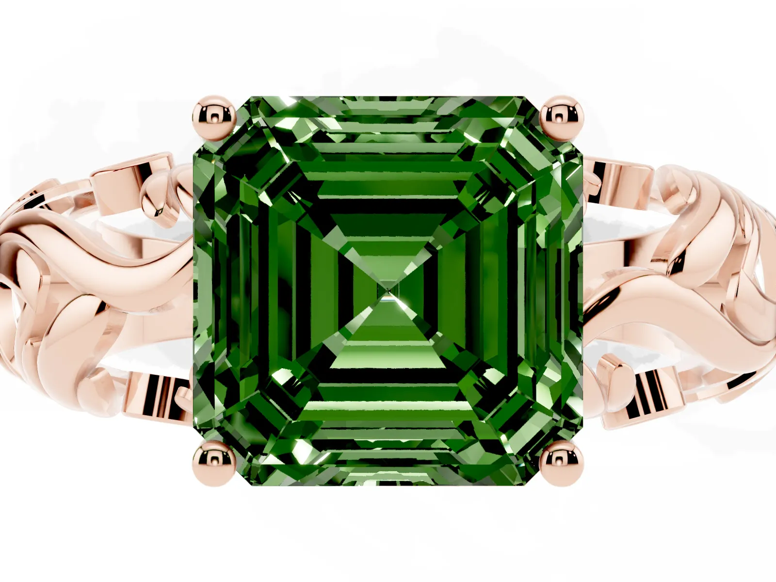 Fancy Green Asscher Cut Solitaire Diamond Leaf-Inspired Vine Band Ring with Prong Setting Rose gold