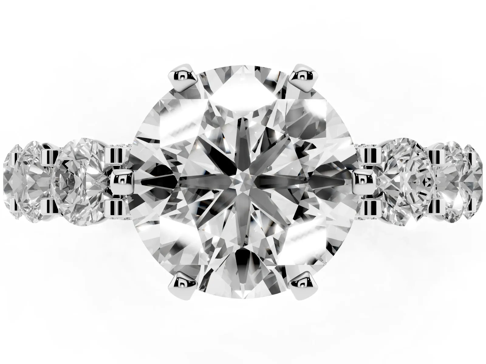 Round Cut Diamond Side Stone Engagement Ring with Four-Prong Setting Platinum