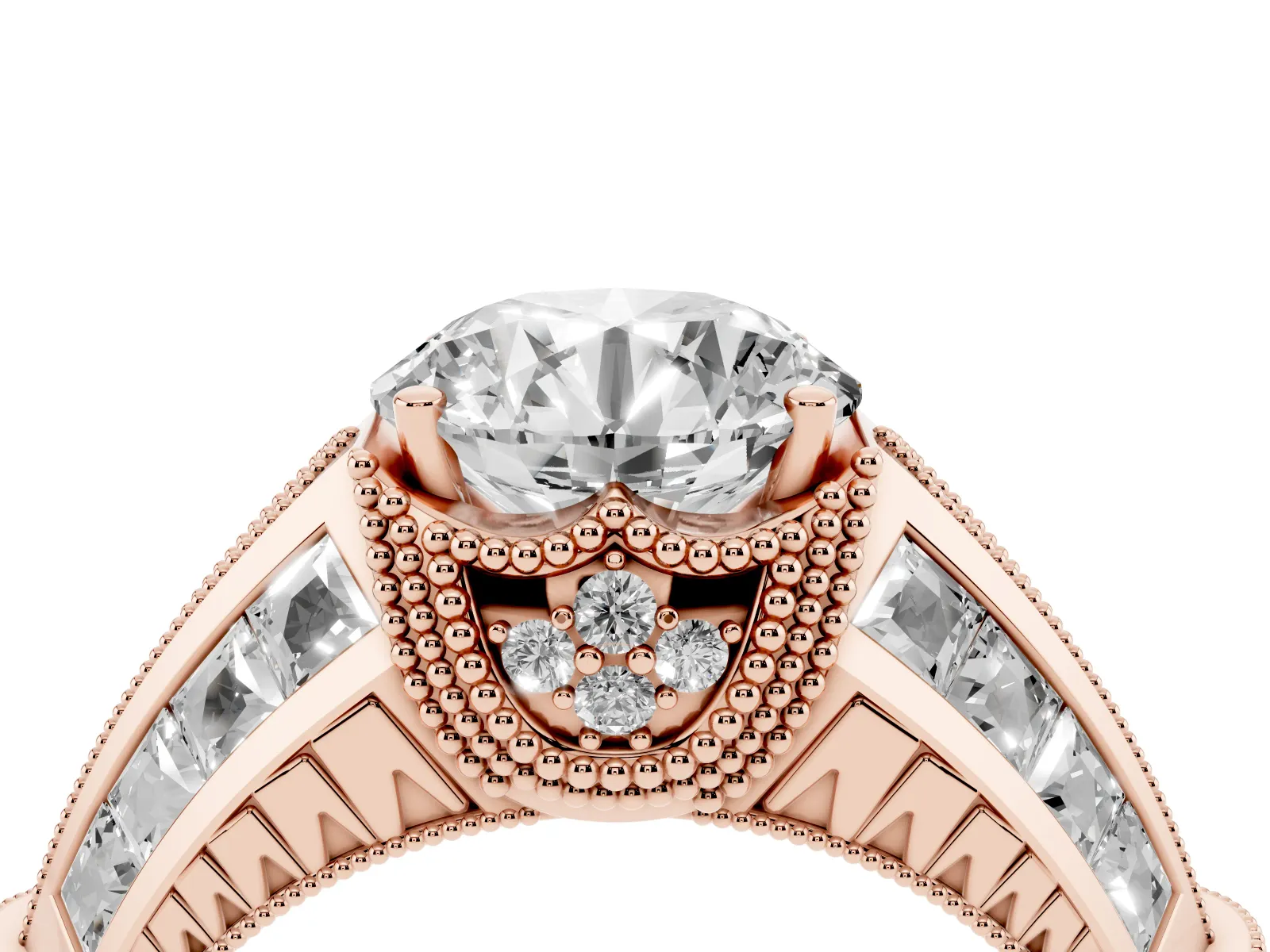 Vintage Milgrain Round Cut Diamond Split Shank Ring with Prong Setting Rose gold