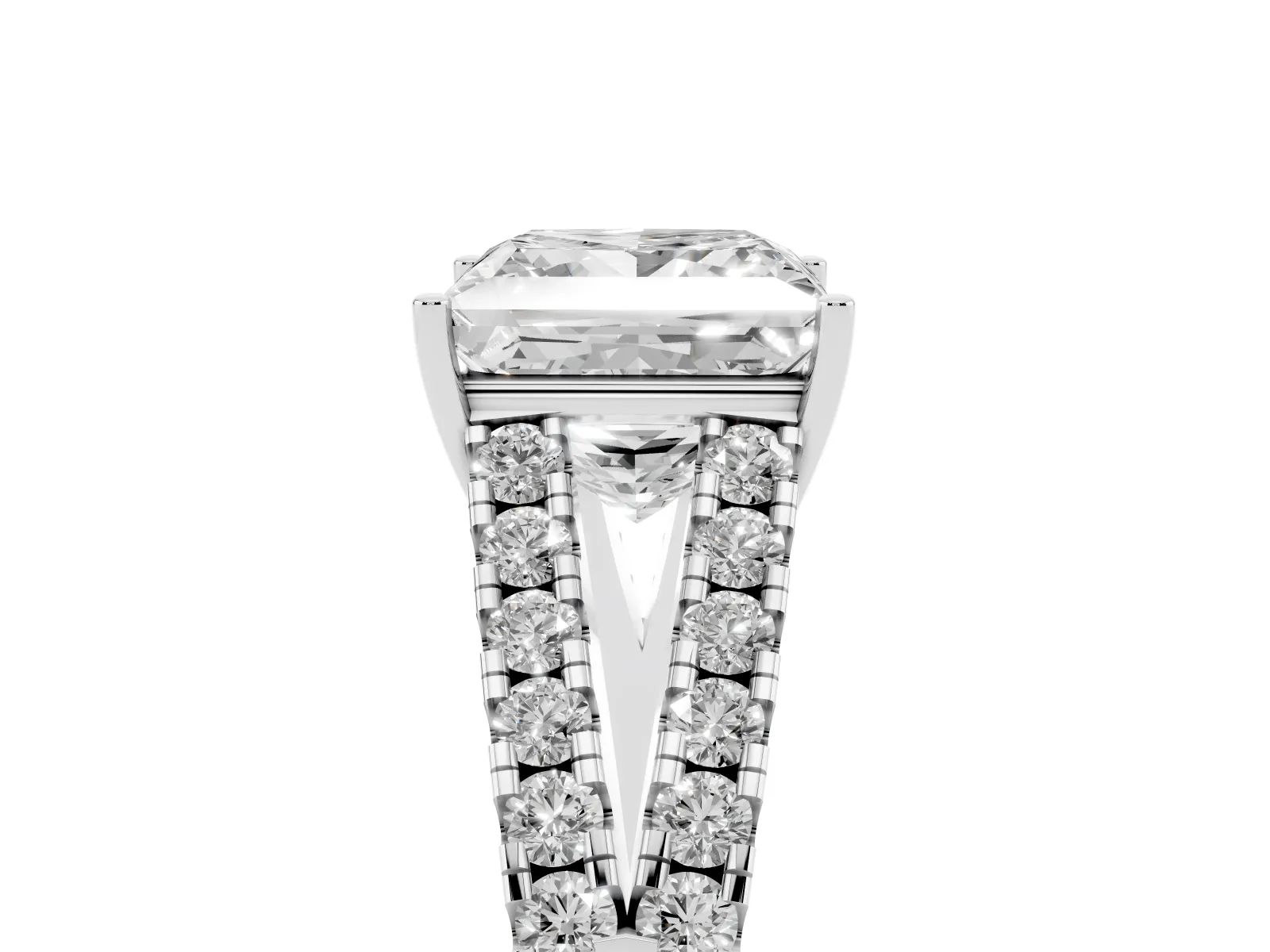 Princess Cut Diamond Split Shank Engagement Ring with Round Pavé and Prong Setting White gold