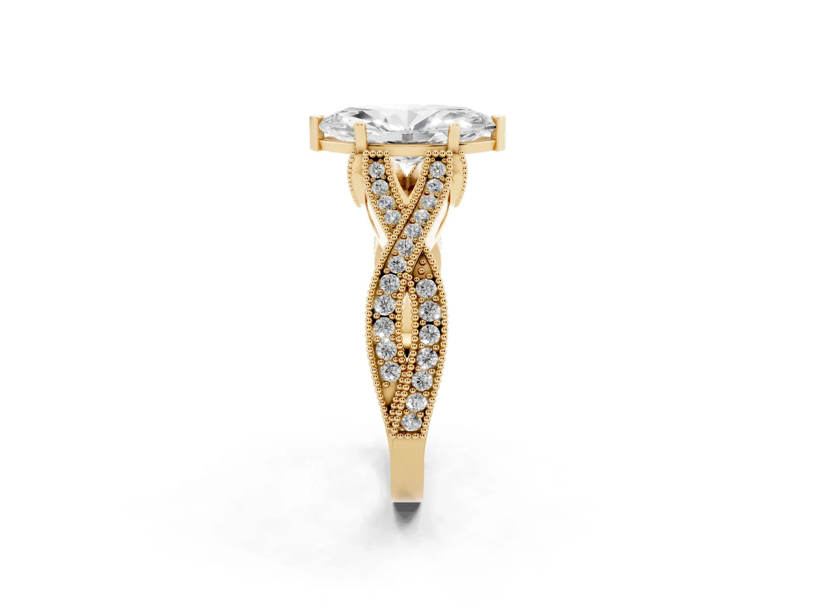 Marquise Cut Cut Diamond Twisted Band with Milgrain Pave Setting and Four-Prong Setting Yellow gold