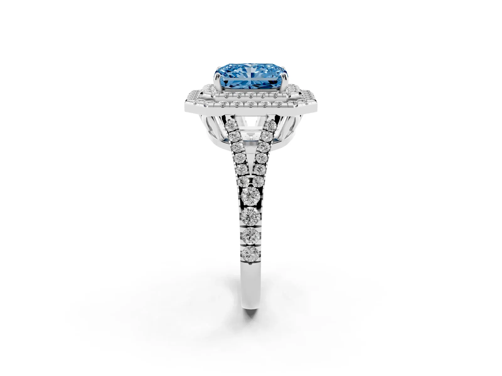 Fancy Blue Radiant Cut Diamond Double Halo Ring with Pavé Band and Prong Setting Platinum