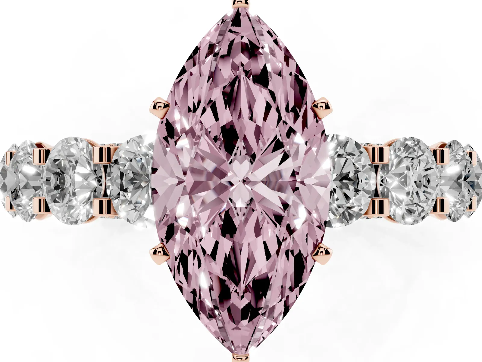 Fancy Pink Marquise Cut Diamond Side Stone Engagement Ring with Four-Prong Setting Rose gold