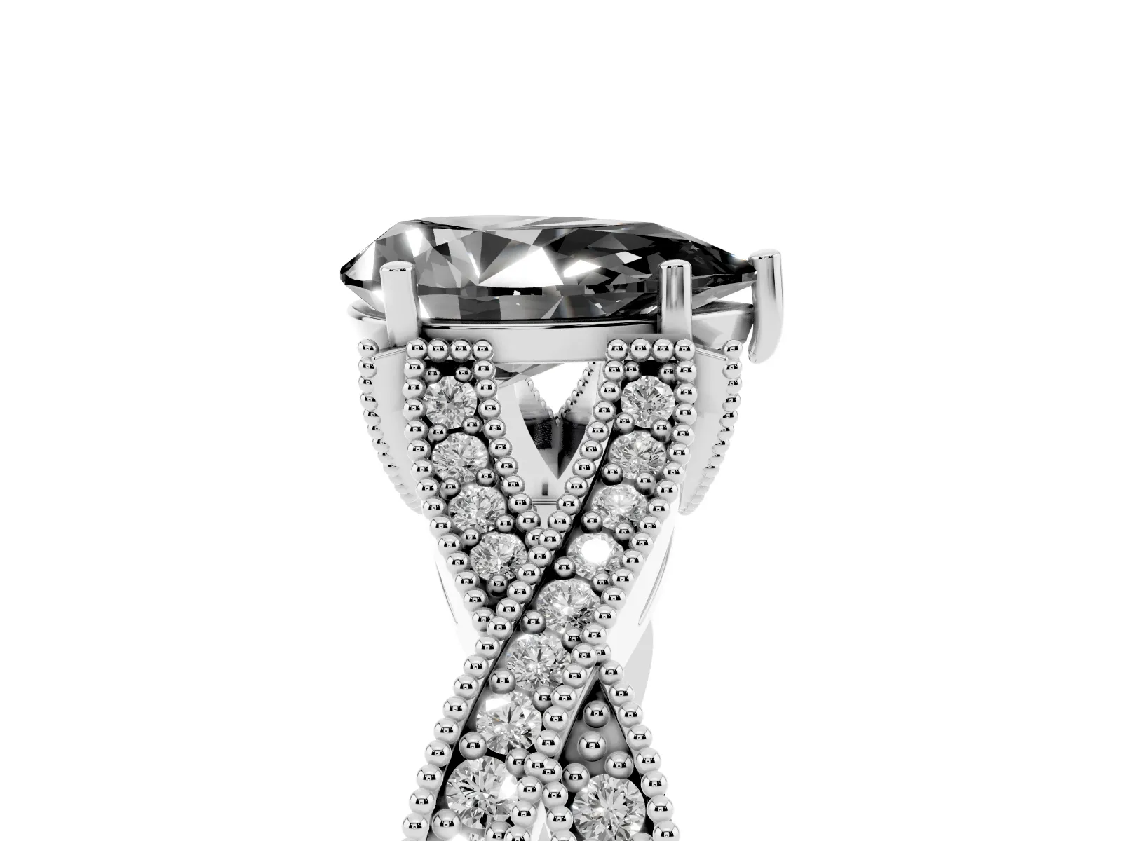 Fancy Black Pear Cut Cut Diamond Twisted Band with Milgrain Pave Setting and Four-Prong Setting Platinum