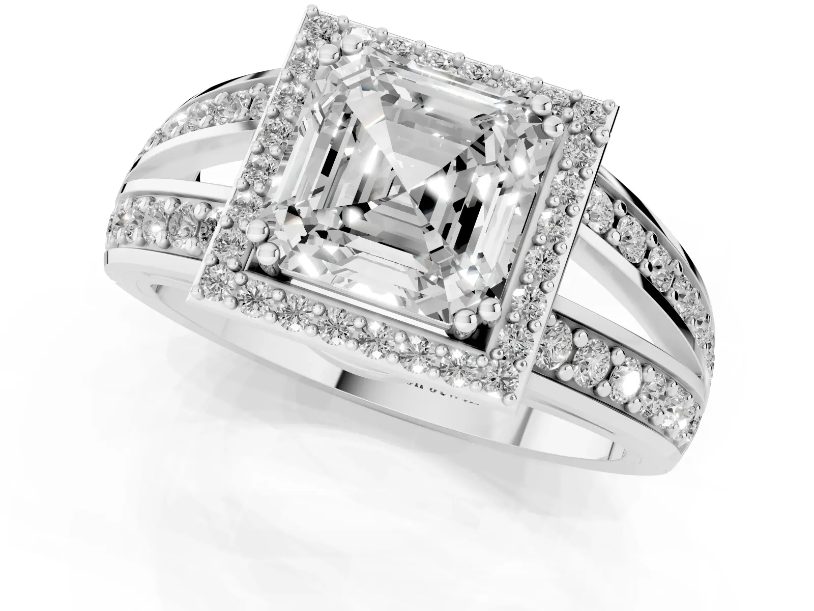 Asscher Cut Diamond Halo Ring with Split Shank Pavé Band and Four-Prong Setting Platinum