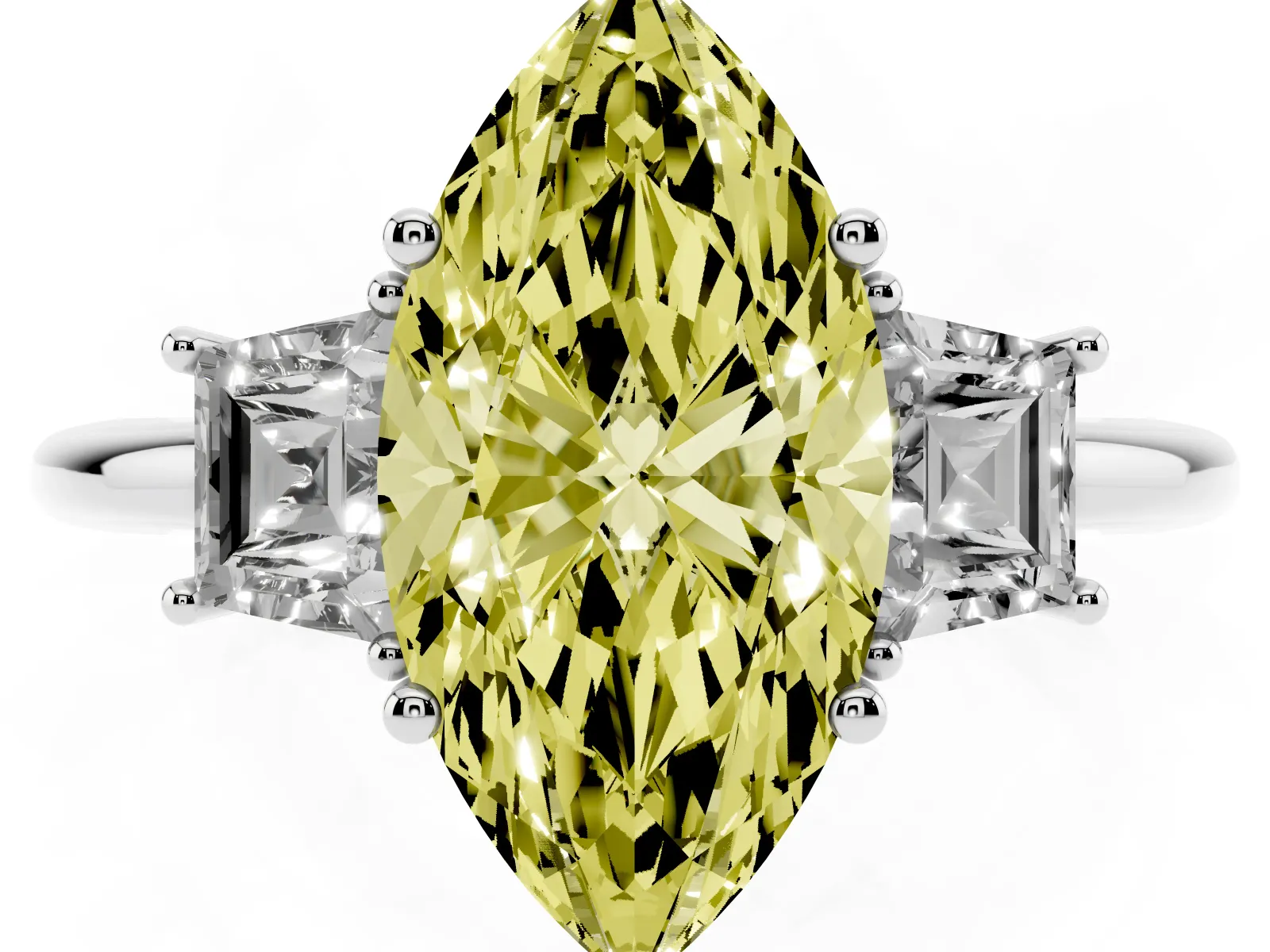 Fancy Yellow Marquise Cut Diamond Three-Stone Ring with Trapezoid Side Stones and Prong Setting Platinum