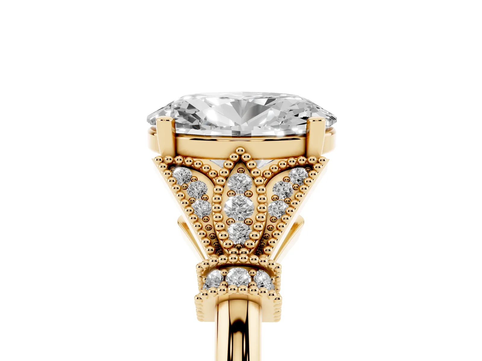 Oval Cut Diamond Solitaire Ring with Floral Filigree and Pave Accents Yellow gold