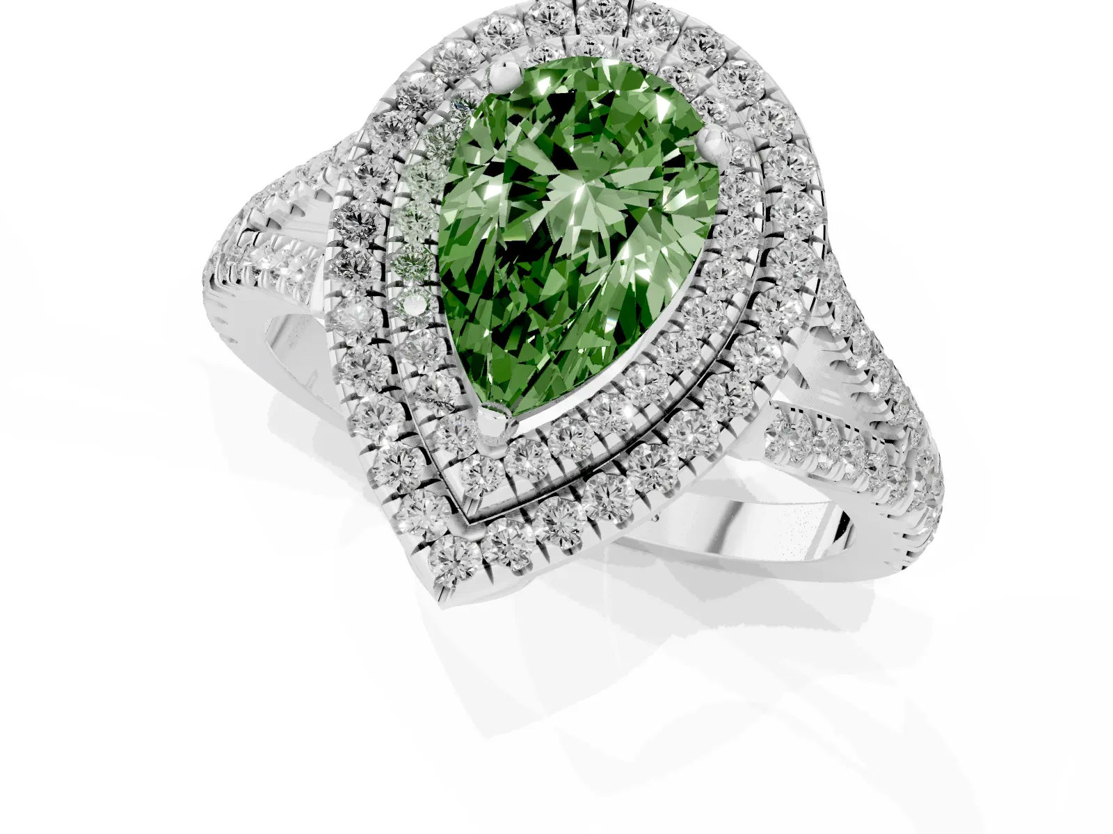 Fancy Green Pear Cut Diamond Double Halo Ring with Pavé Band and Prong Setting Platinum