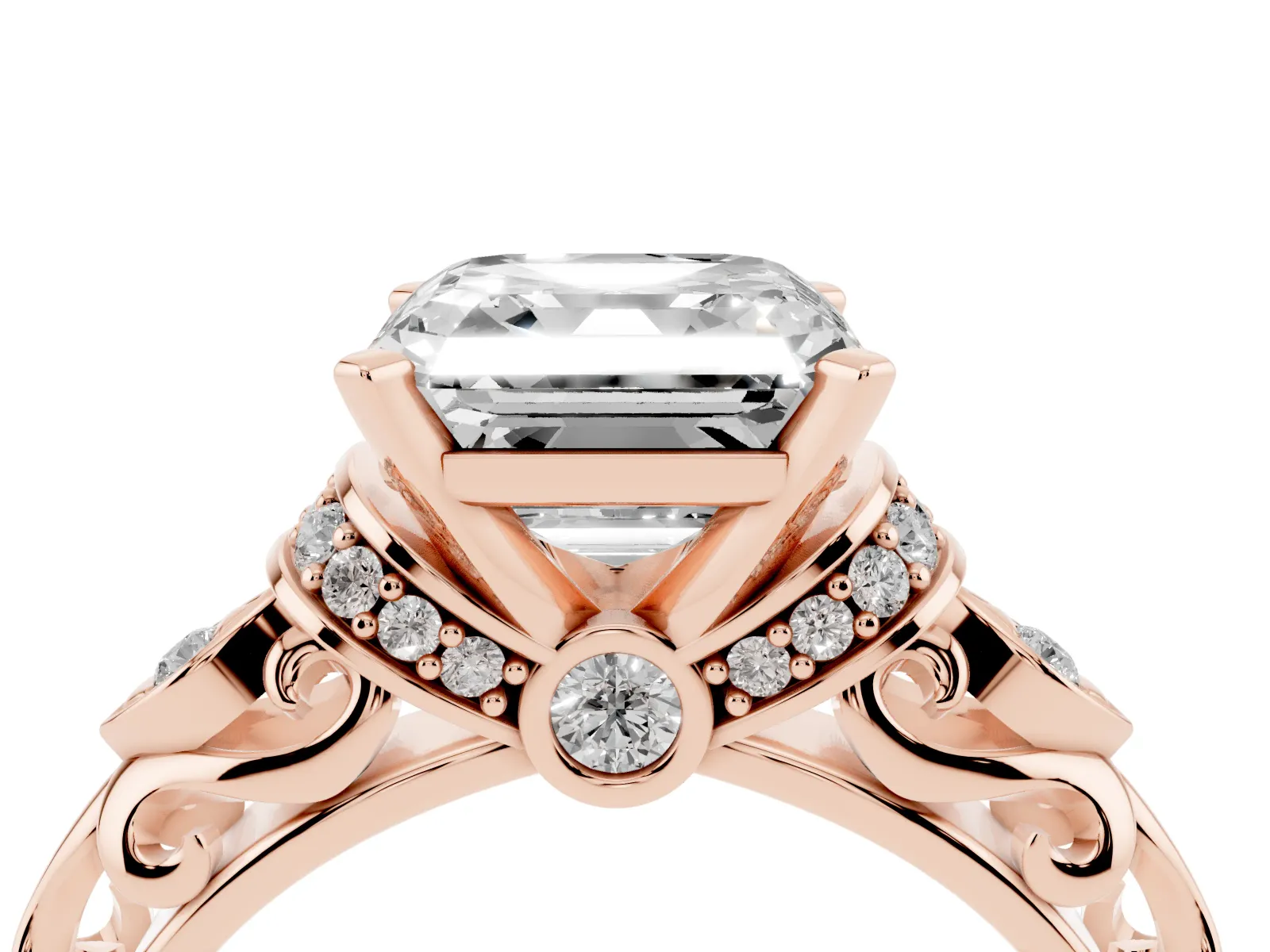 Asscher Cut Diamond Solitaire Ring with Filigree Band and Four-Prong Setting Rose gold