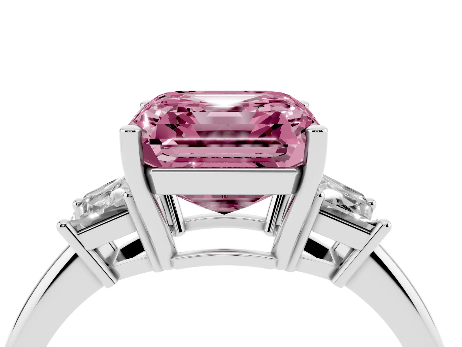 Fancy Pink Asscher Cut Diamond Three-Stone Ring with Trapezoid Side Stones and Prong Setting White gold