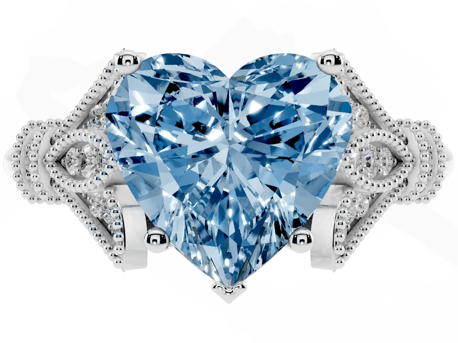 Fancy Blue Heart Cut Diamond Solitaire Ring with Floral Filigree and Pave Accents Platinum