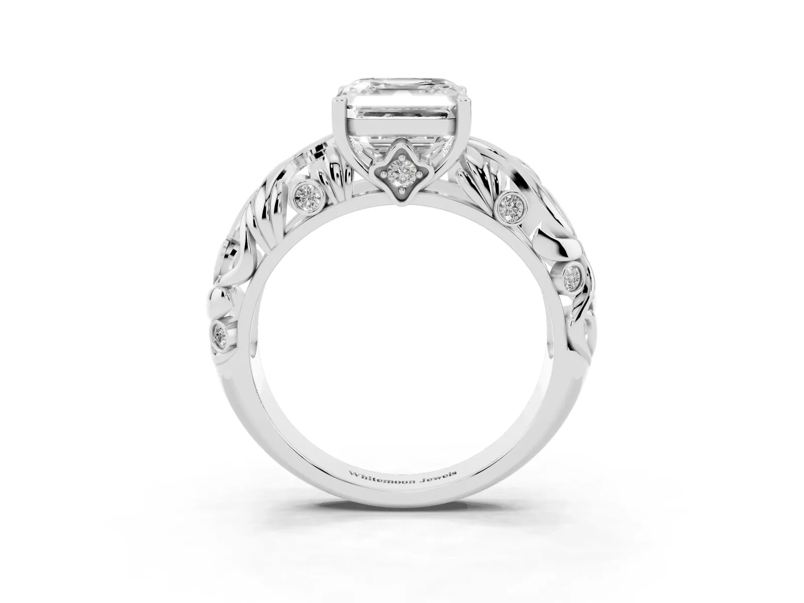 Asscher Cut Solitaire Diamond Leaf-Inspired Vine Band Ring with Prong Setting Silver