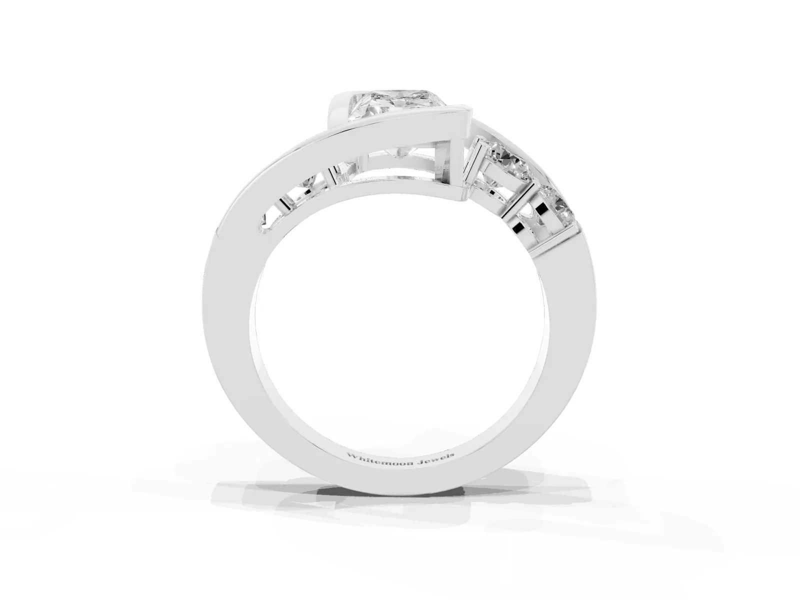Bezel Set Radiant Cut Diamond Bypass Ring with Round Accents White gold
