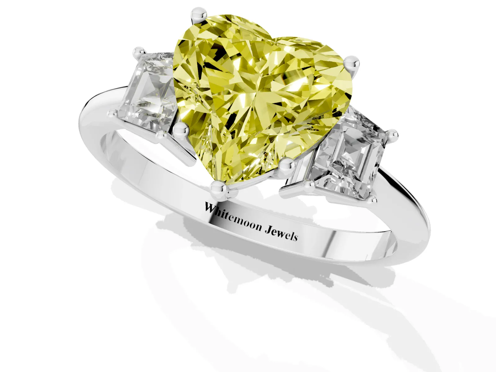Fancy Yellow Heart Cut Diamond Three-Stone Ring with Trapezoid Side Stones and Prong Setting White gold