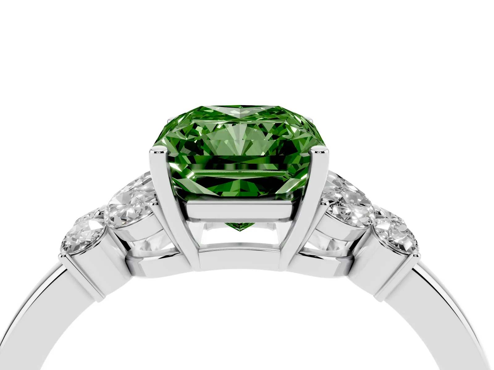 Fancy Green Radiant Cut Cut Solitaire Floral Diamond Ring with Four-Prong Setting Platinum