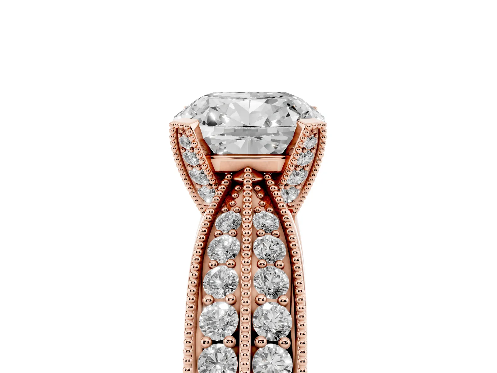 Cushion Cut Diamond Solitaire Ring with Milgrain Round Pavé Band and Prong Setting Rose gold