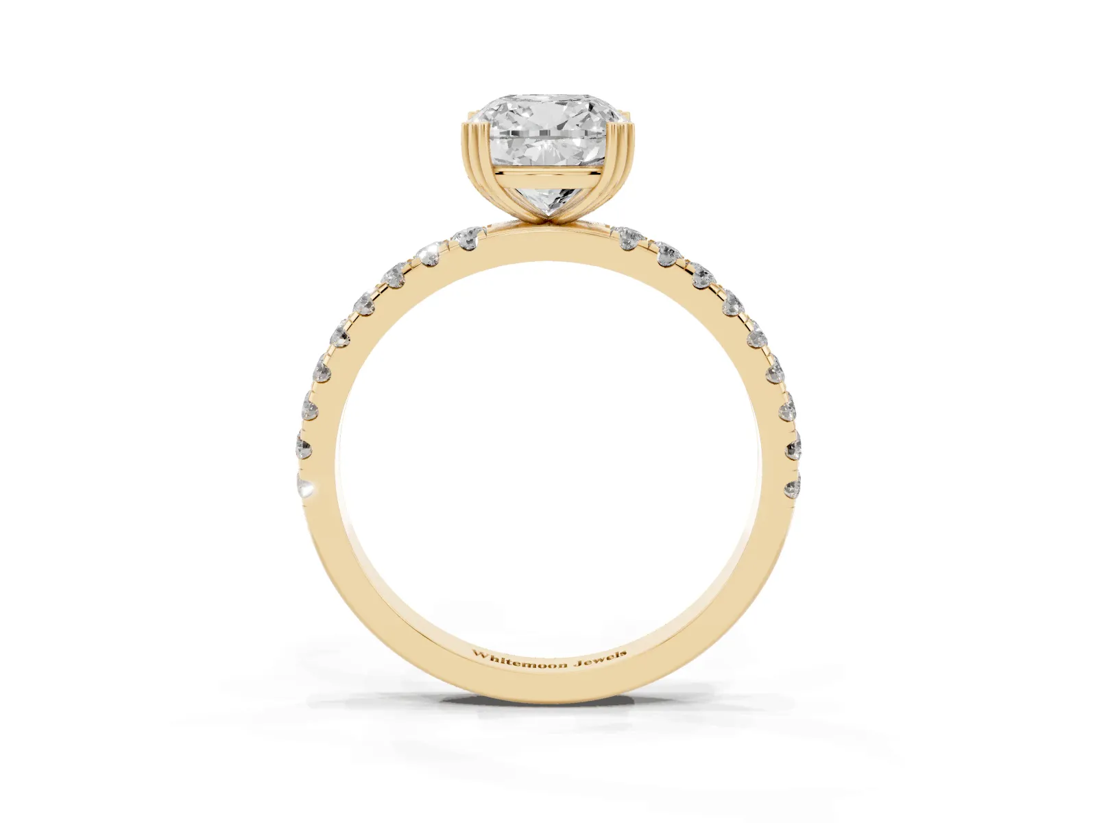 Cushion Cut Brilliant Solitaire with Pavé Band and Claw Prong Setting Yellow gold