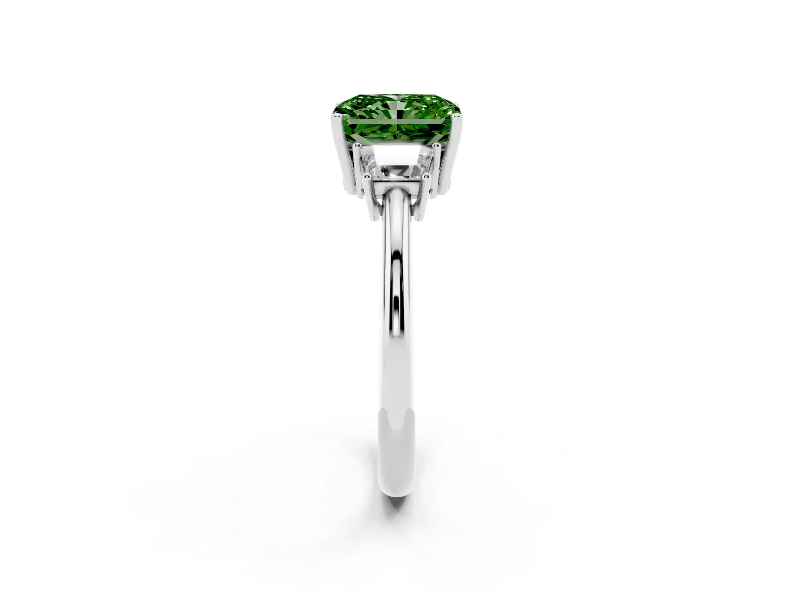 Fancy Green Radiant Cut Diamond Three-Stone Ring with Trapezoid Side Stones and Prong Setting Platinum