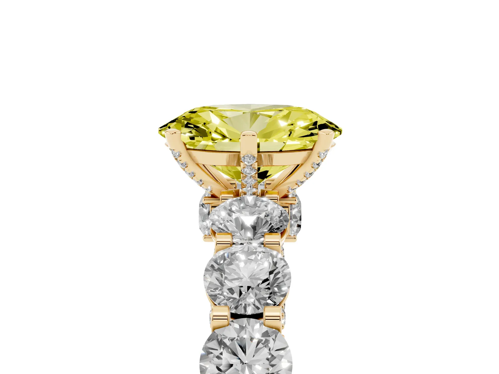Fancy Yellow Oval Cut Diamond Side Stone Engagement Ring with Four-Prong Setting Yellow gold
