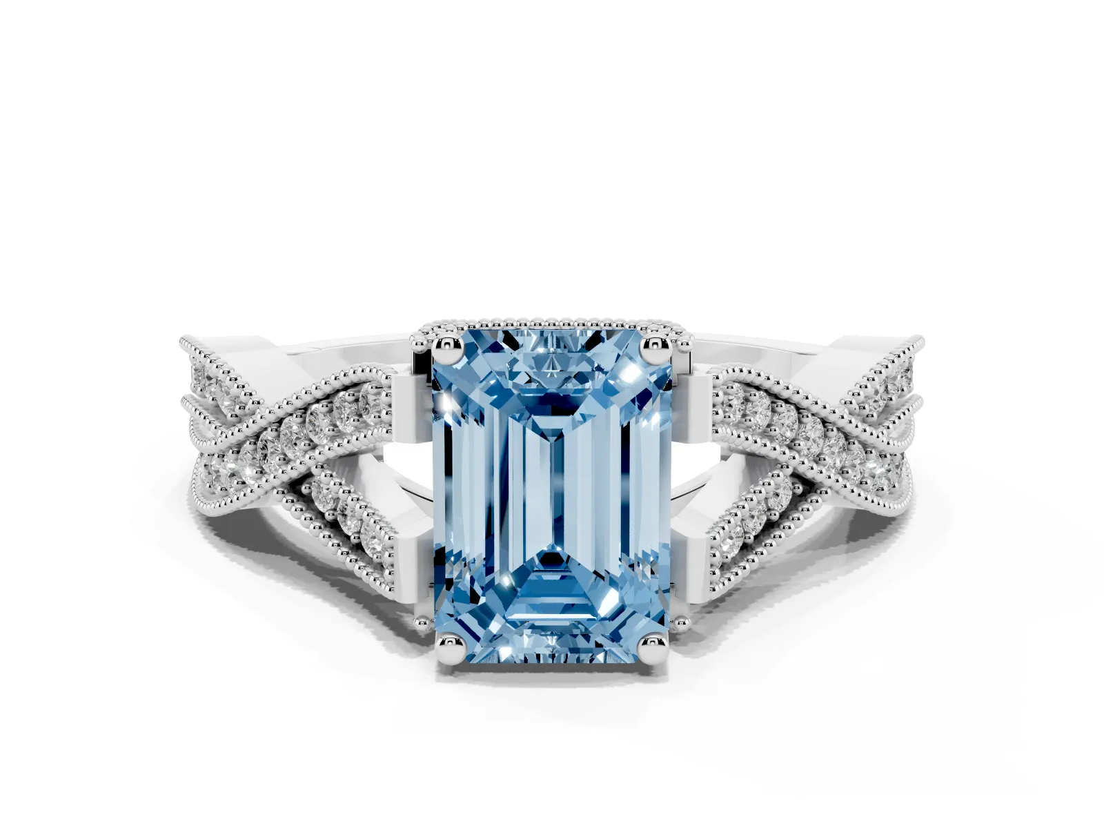 Fancy Blue Emerald Cut Cut Diamond Twisted Band with Milgrain Pave Setting and Four-Prong Setting Platinum