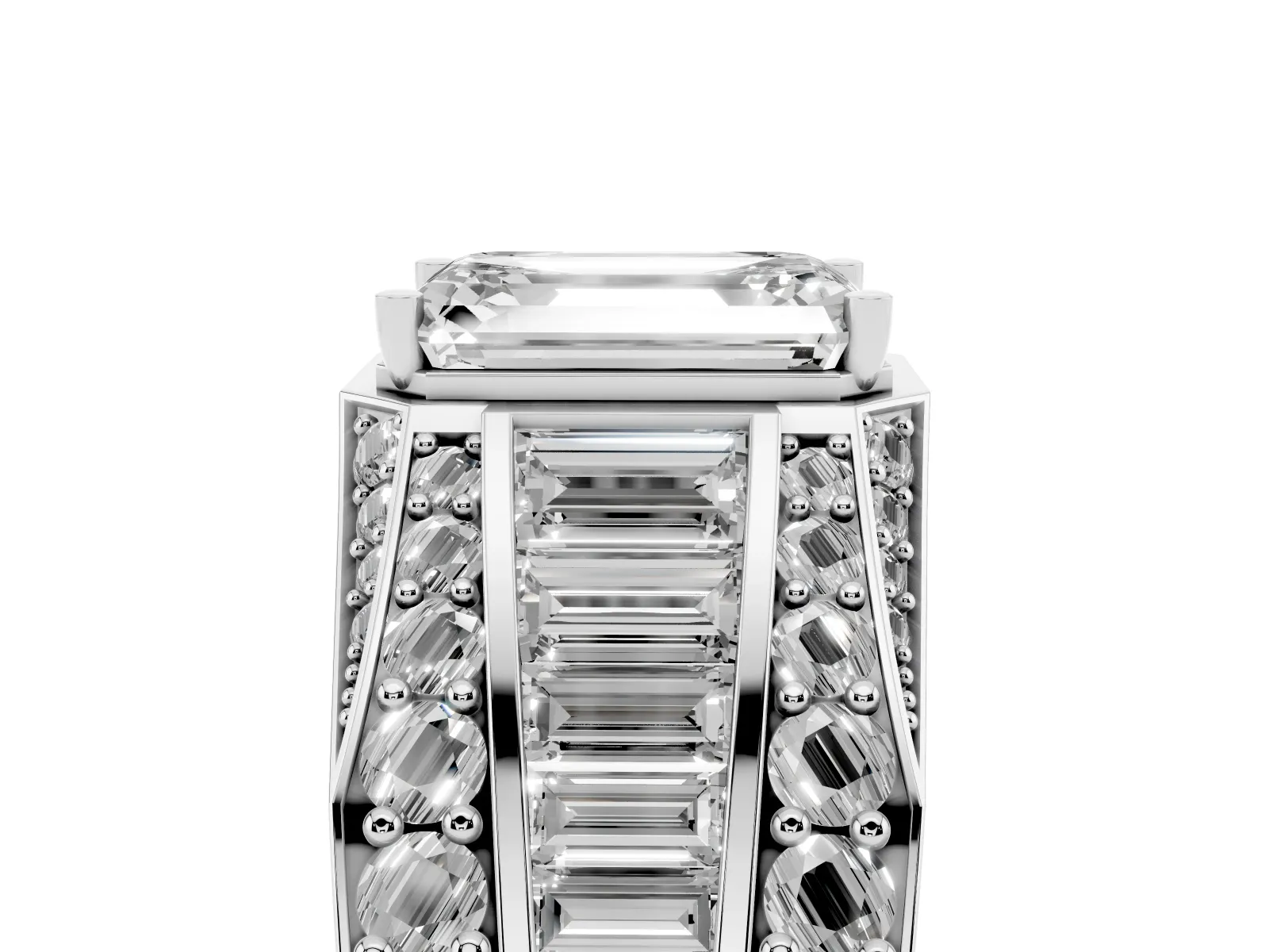 Emerald Cut Diamond Mens Ring with Baguette Side Stones Platinum