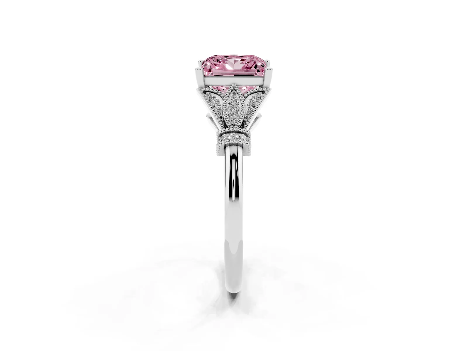 Fancy Pink Princess Cut Diamond Solitaire Ring with Floral Filigree and Pave Accents Platinum