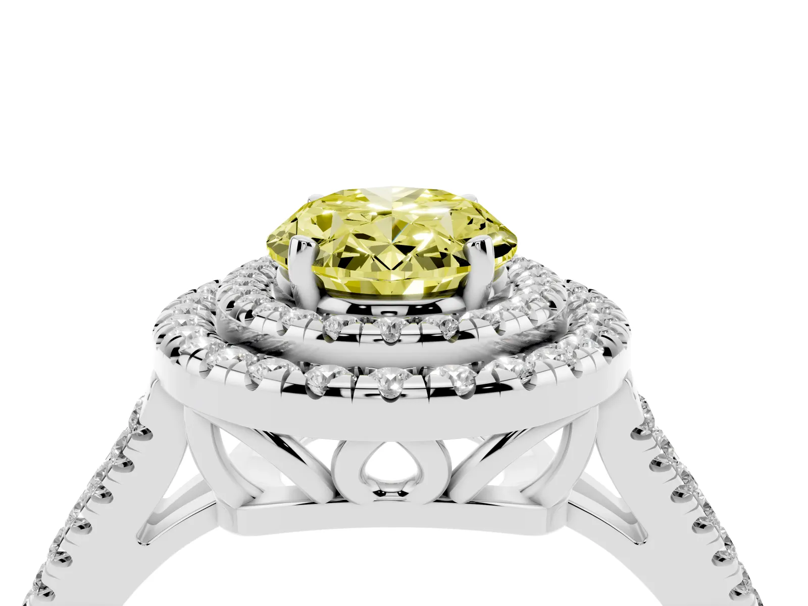 Fancy Yellow Oval Cut Diamond Double Halo Ring with Pavé Band and Prong Setting Platinum