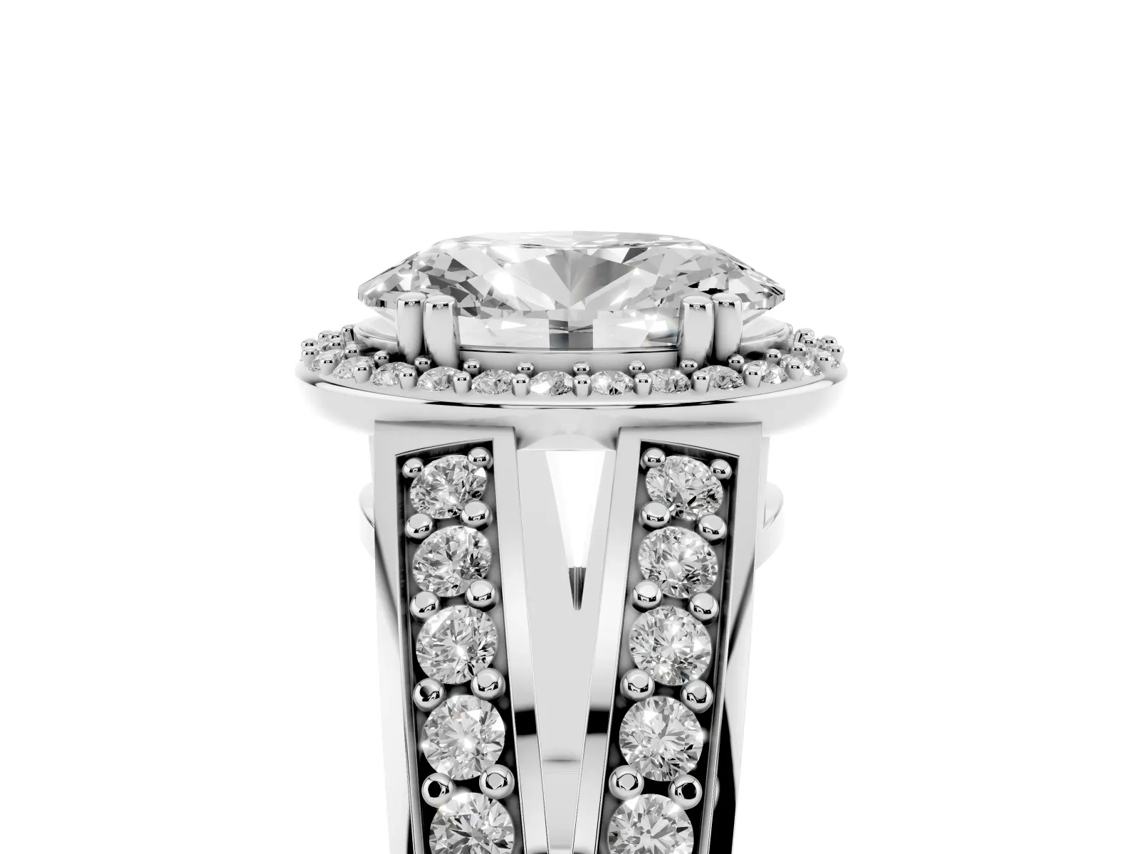 Oval Cut Diamond Halo Ring with Split Shank Pavé Band and Four-Prong Setting White gold