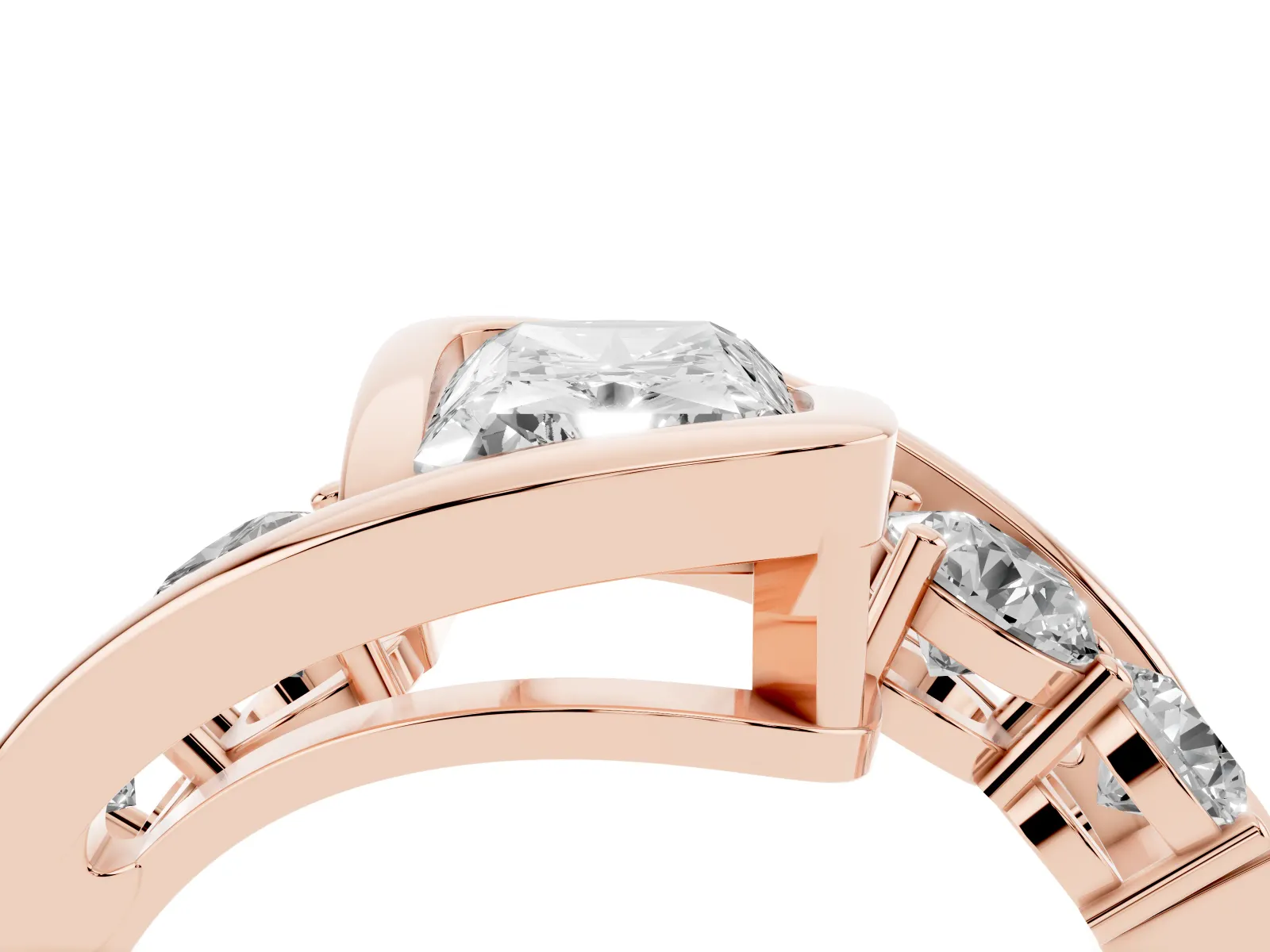 Bezel Set Radiant Cut Diamond Bypass Ring with Round Accents Rose gold