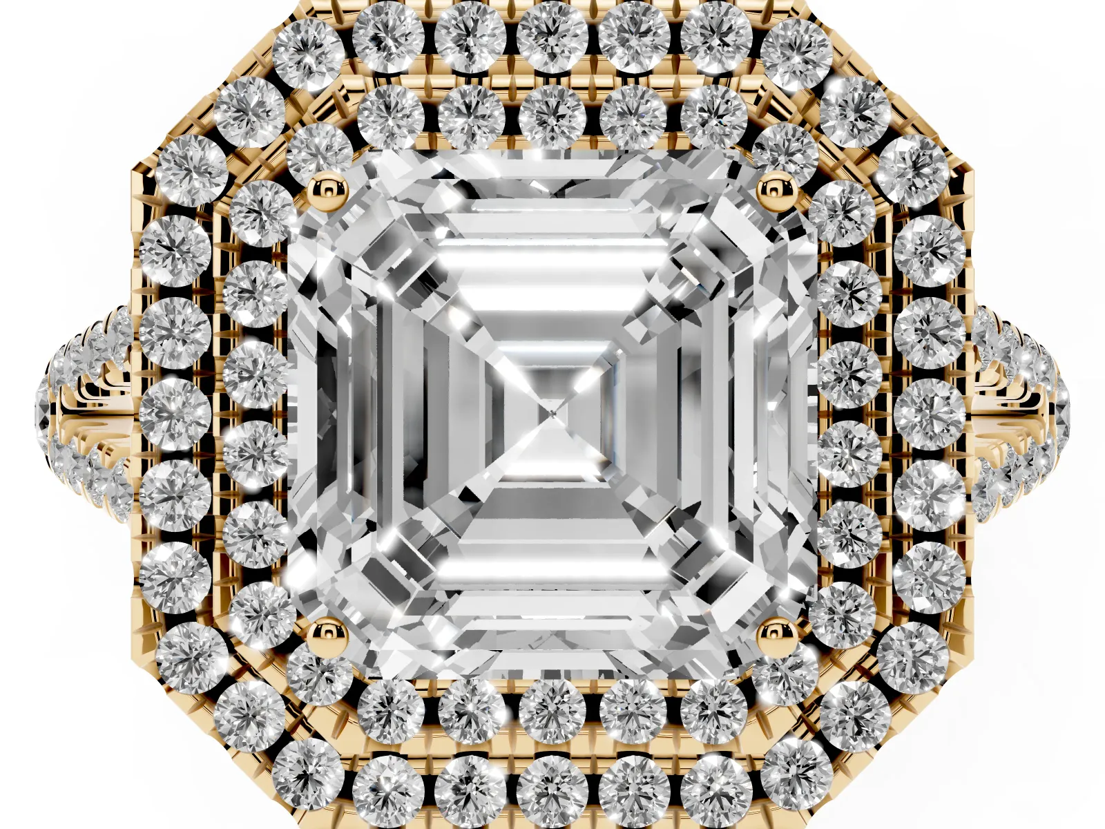 Asscher Cut Diamond Double Halo Ring with Pavé Band and Prong Setting Yellow gold